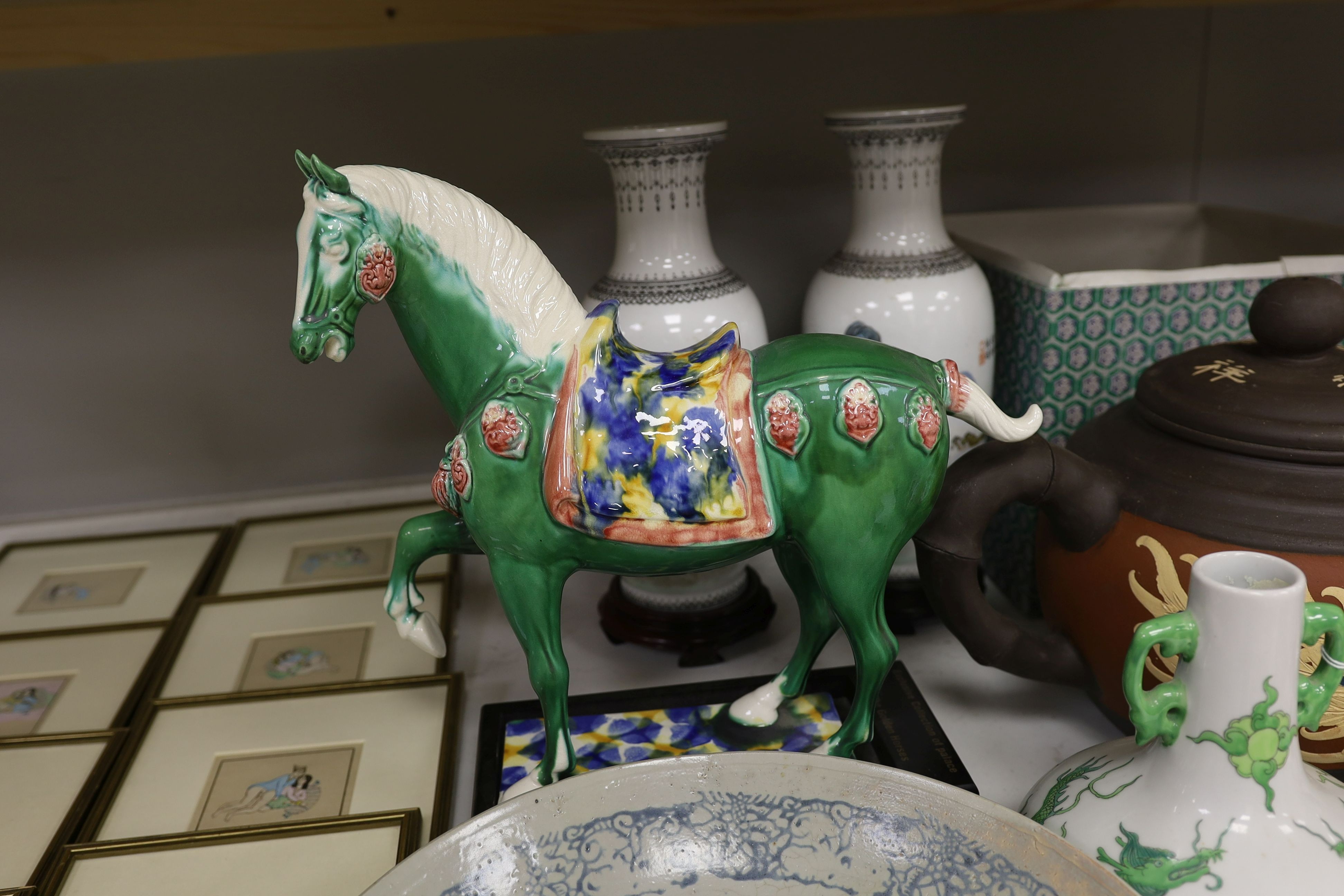 Various Chinese ceramics including a horse model, pair of horse vases, a dragon vase, a blue and white dish, large teapot, and an Imari plate (7)